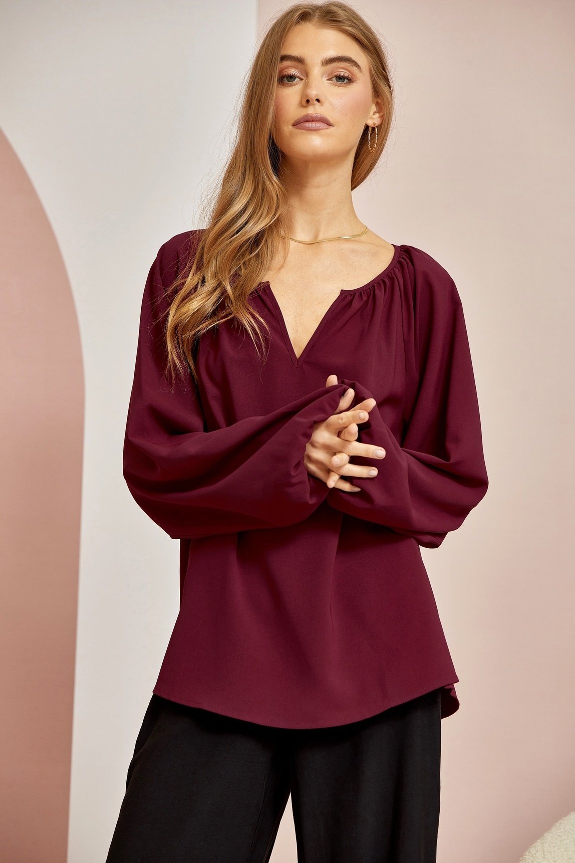 Split Neck Tunic Top - Wine — alternate view 2