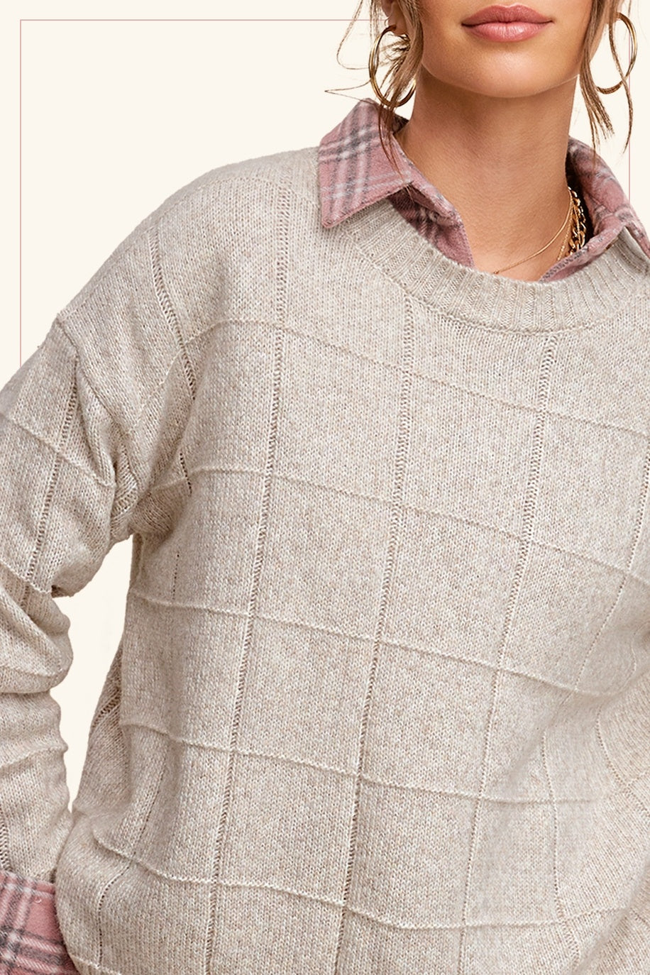 Loose Fit Windowpane Patterned Two Tone Sweater — alternate view 3