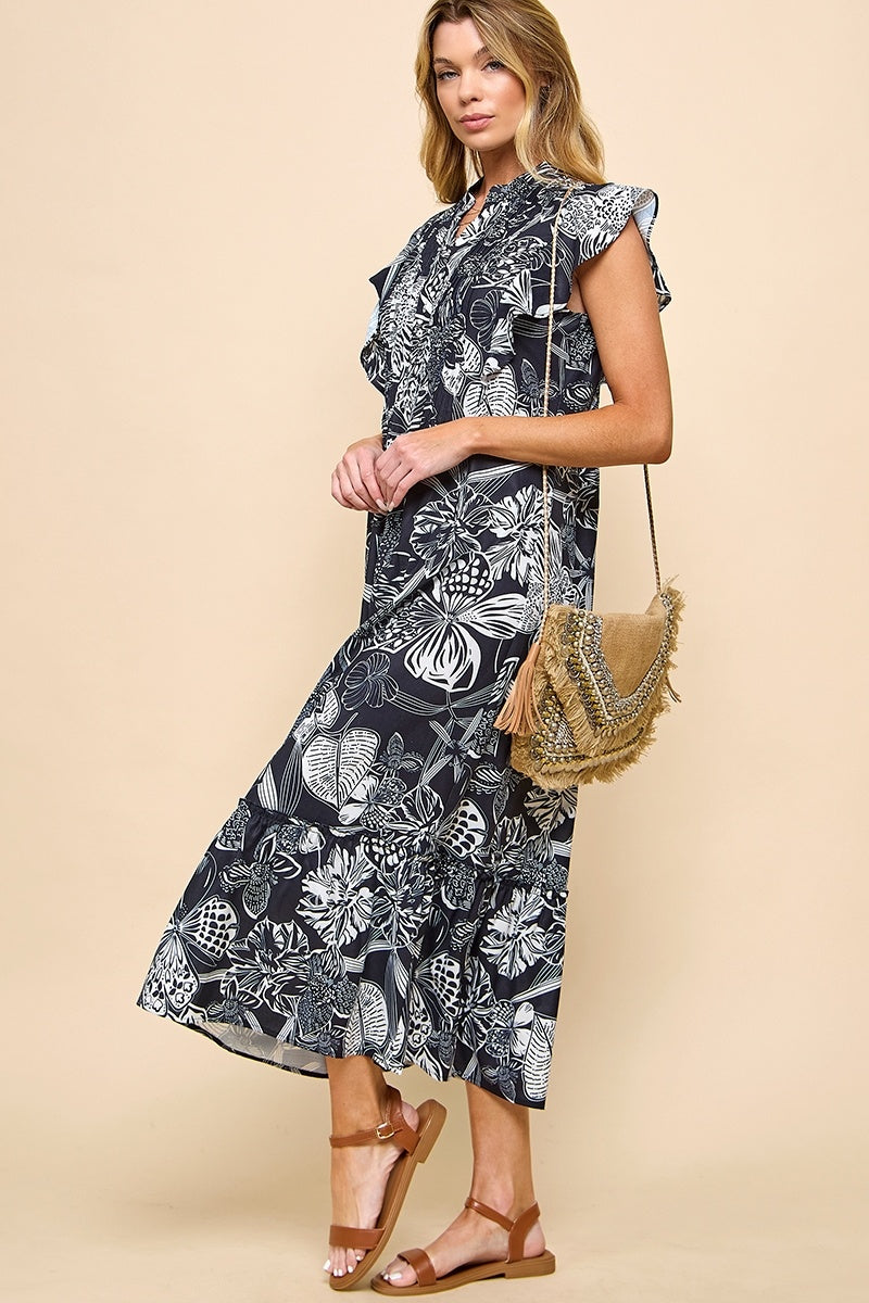 Print Button Front Midi Dress Black — alternate view 2