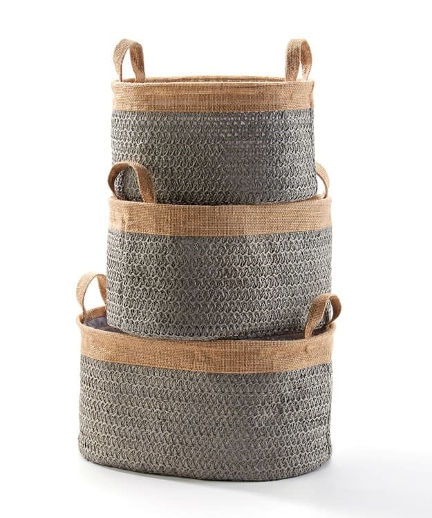 Gray Lined Woven Basket with Handles, Medium — alternate view 3