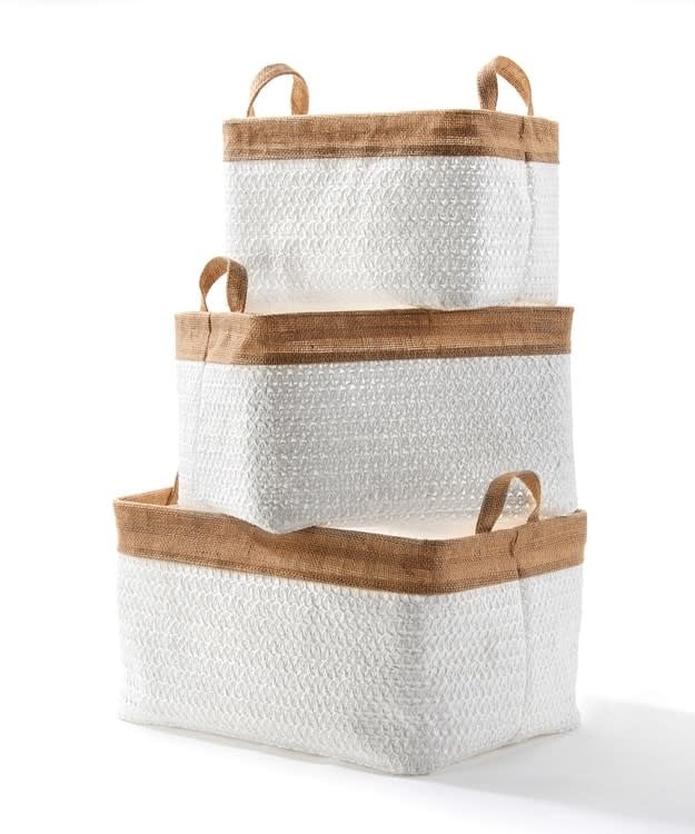 White Lined Woven Baskets with Handles, Large — alternate view 2