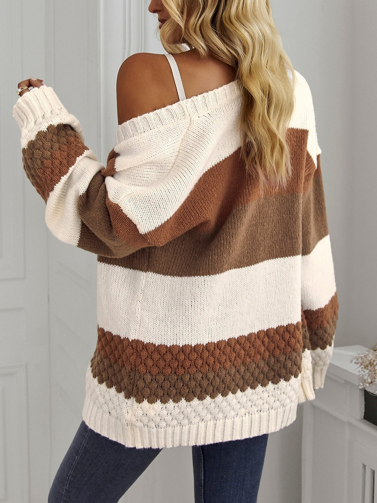 Striped Bubble Textured Knit Open Cardigan — alternate view 2