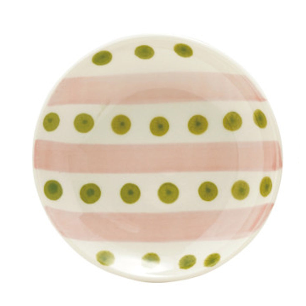 Small hand-painted ceramic dish featuring broad pink stripes and rows of green polka dots.