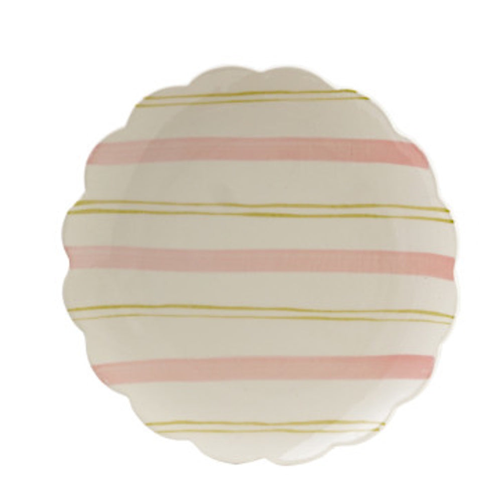 Hand-painted scalloped ceramic plate featuring soft pink stripes and double olive green pinstripes.