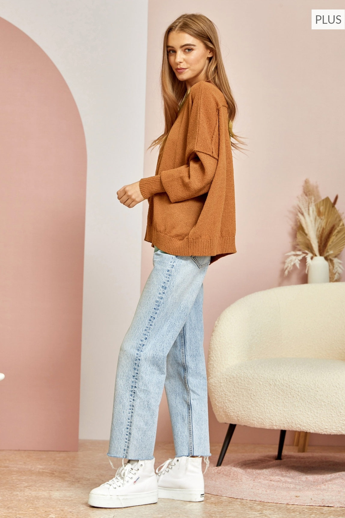 Curvy Oversized Knit Sweater - Rust — alternate view 2