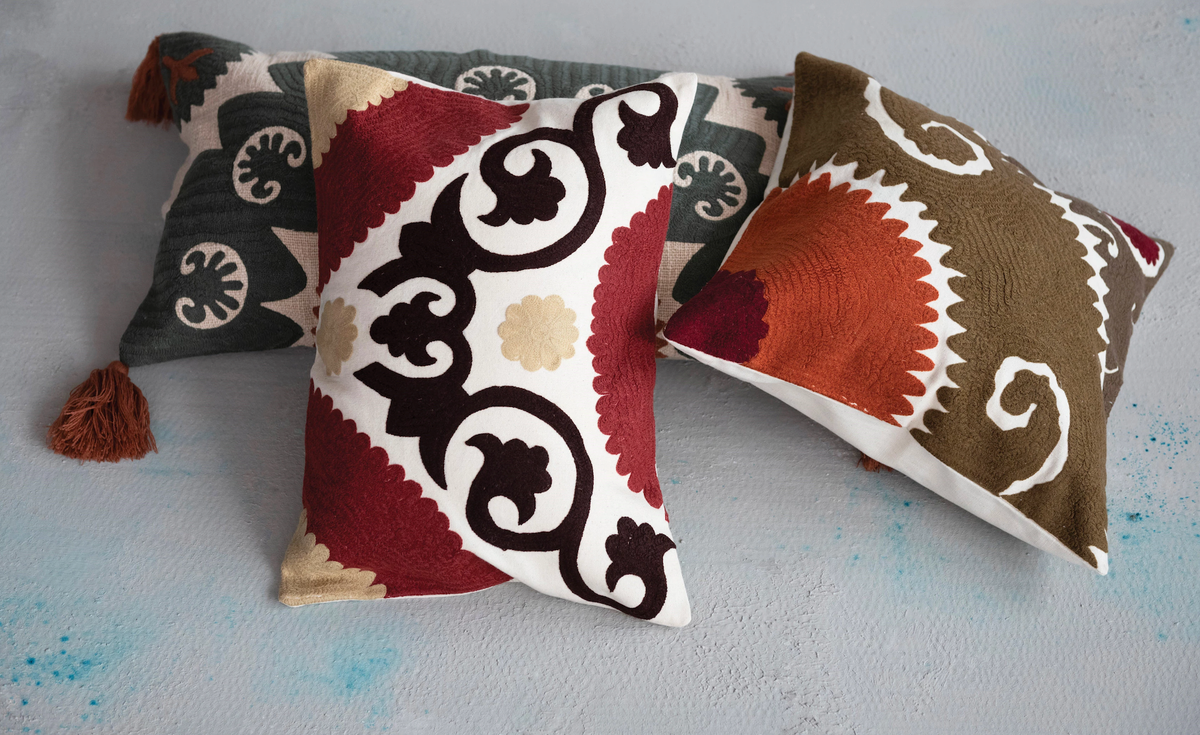 Cotton Lumbar Pillow with Suzani Embroidery and Tassels — alternate view 2