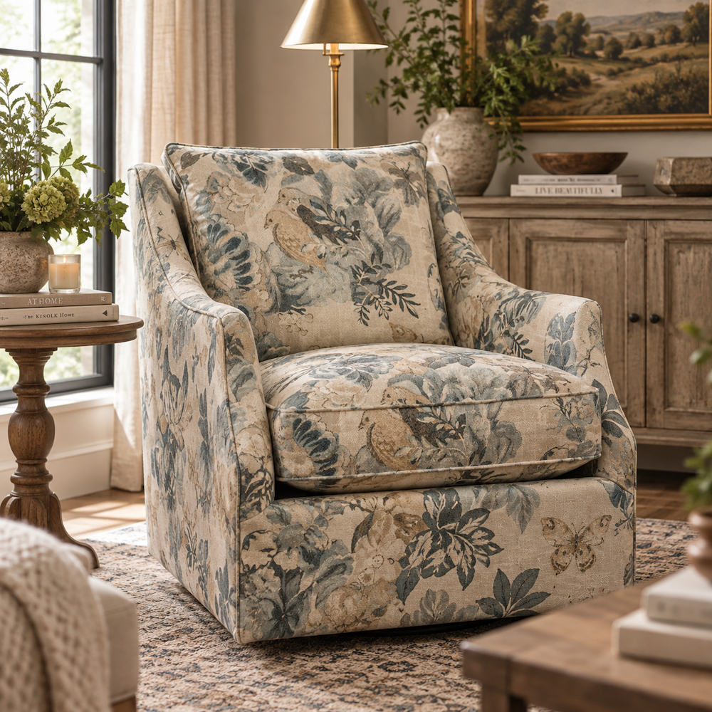 Blue and beige floral upholstered swivel chair with a matching accent pillow in a cozy living room setting.
