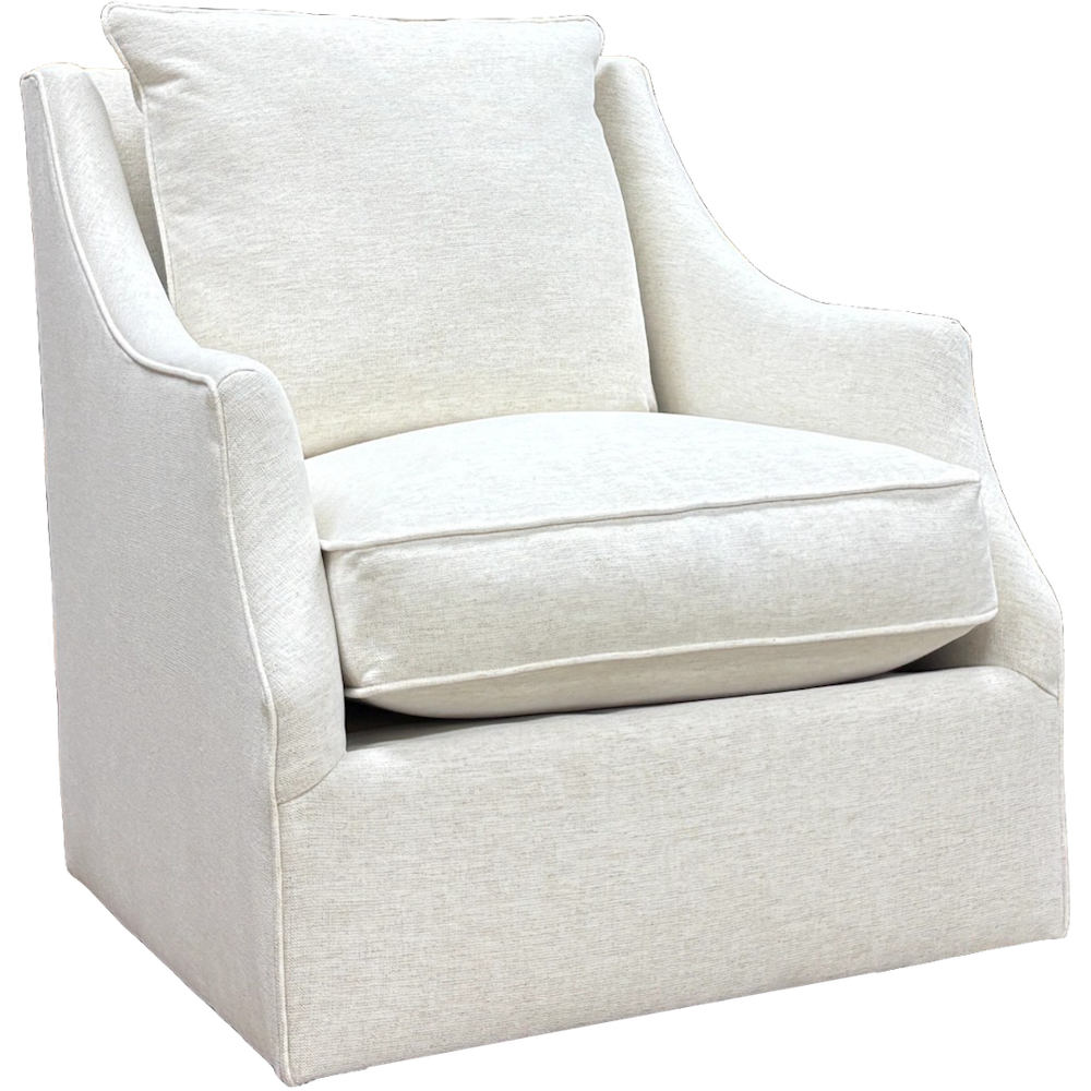 Cream upholstered swivel chair with a matching back cushion and seat cushion.