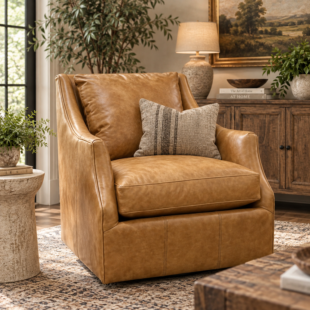 Tan leather swivel glider chair with a matching back pillow and patterned accent cushion in a living room.