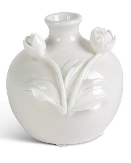 Short White Ceramic Vase With Raised Flowers — alternate view 3