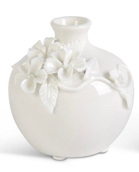 Short White Ceramic Vase With Raised Flowers — alternate view 4