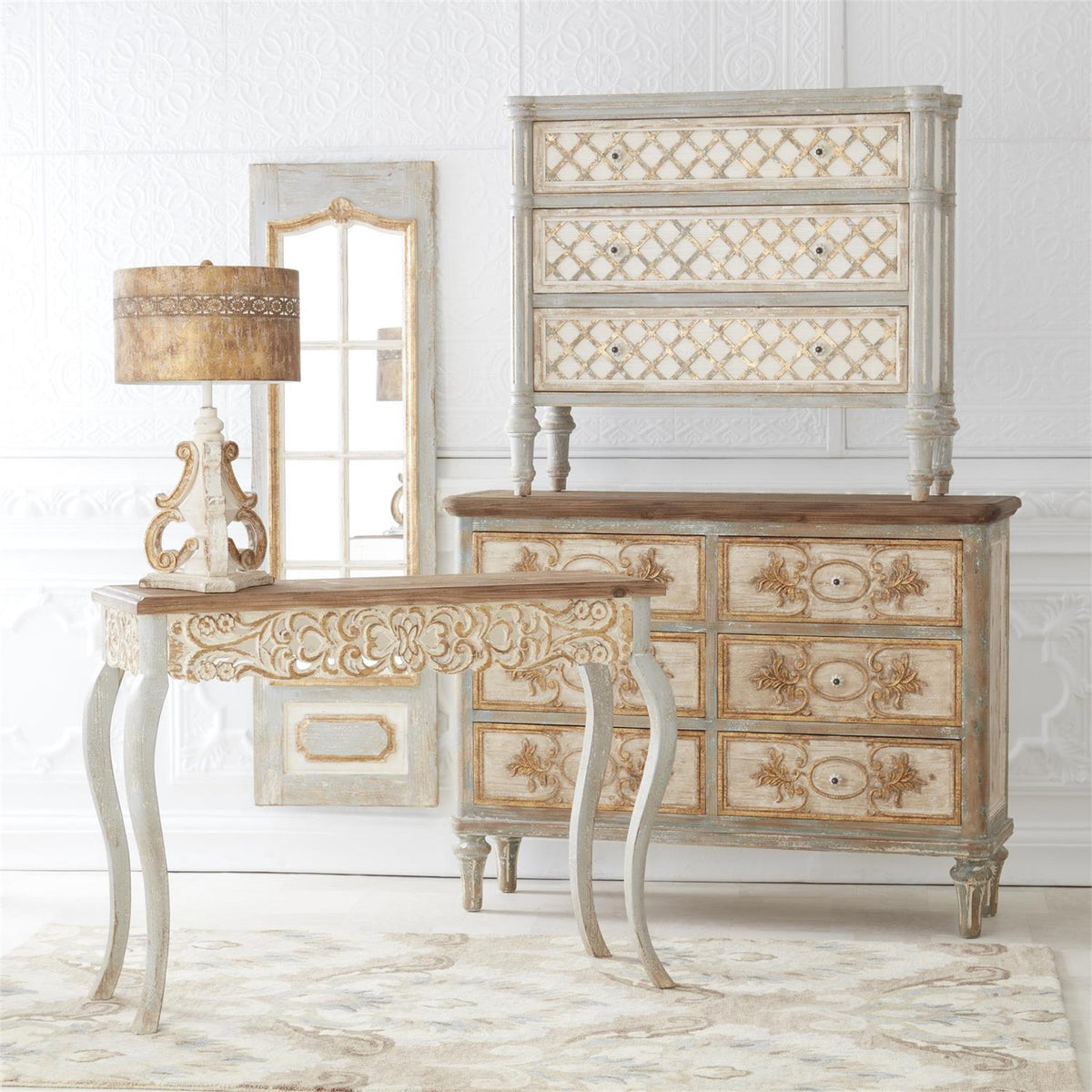 Weathered White & Gold Tri Scroll Lamp With Gold Metal Shade — alternate view 2