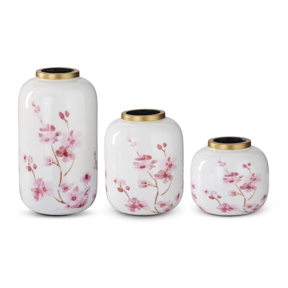 White & Pink Cherry Blossom Enameled Vase w/Gold Rim-Small — alternate view 2