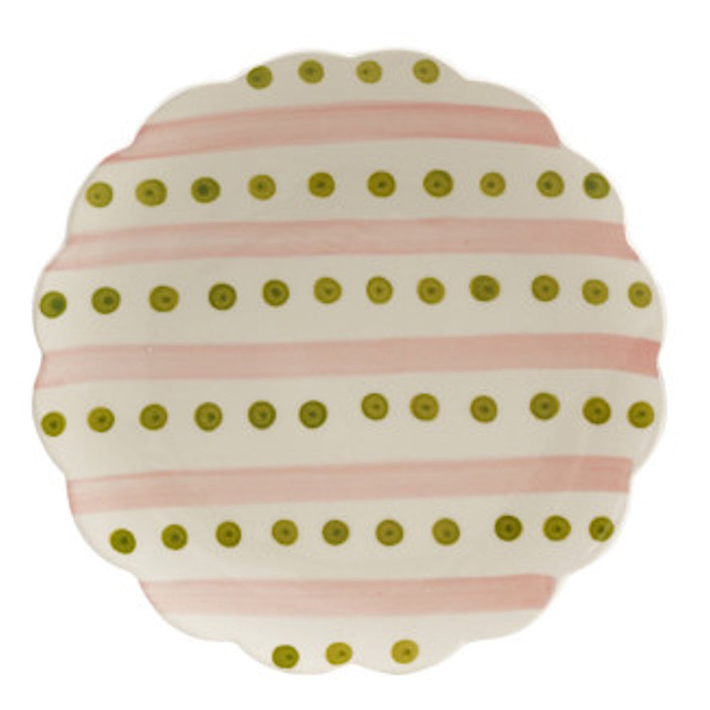 Hand-painted scalloped ceramic plate featuring soft pink stripes and rows of olive green polka dots.