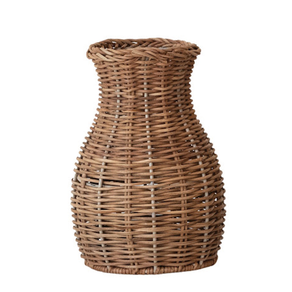 Woven wicker vase in natural light brown with a tapered neck and bulbous base.