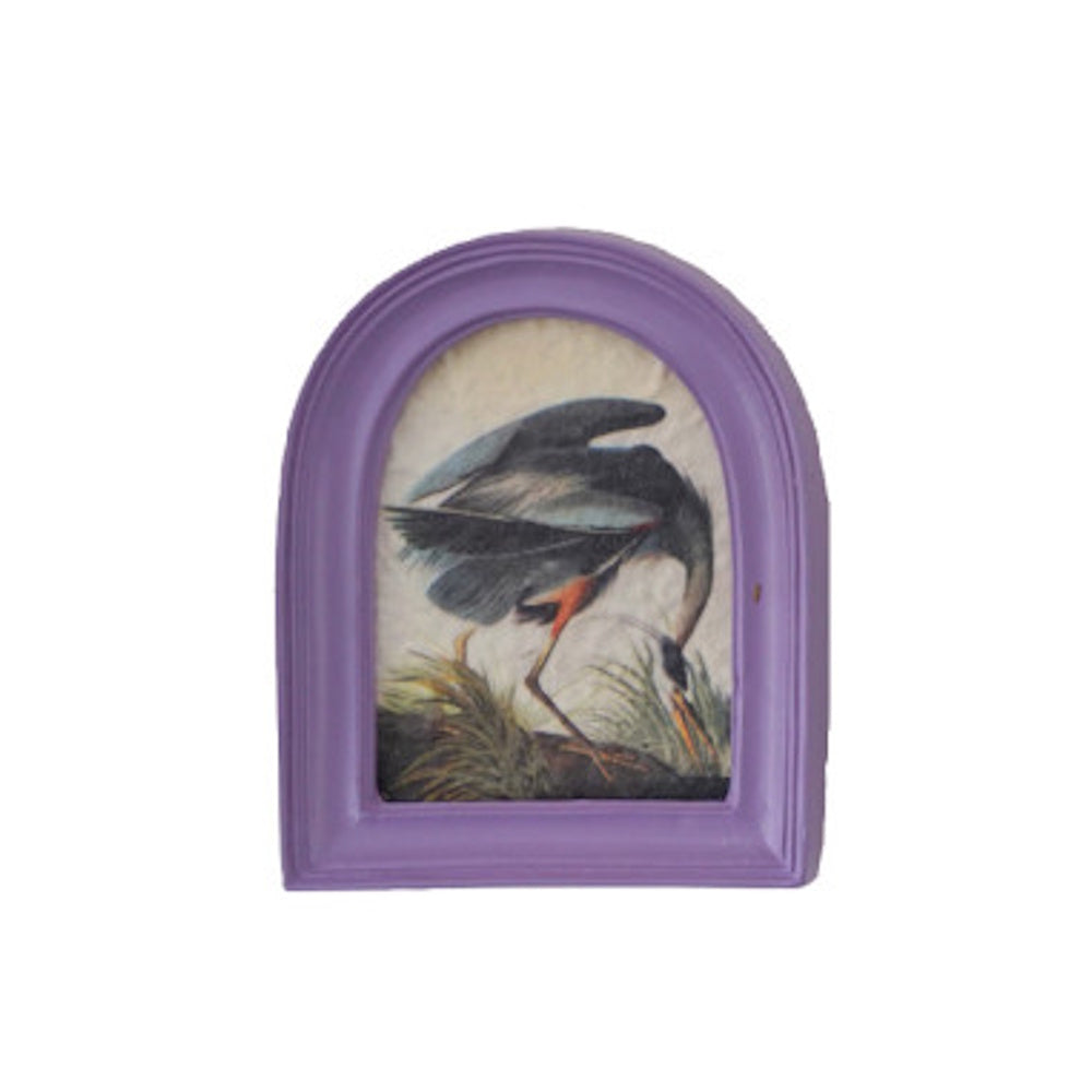 Arched lavender mini framed art magnet featuring a vintage illustration of a heron.