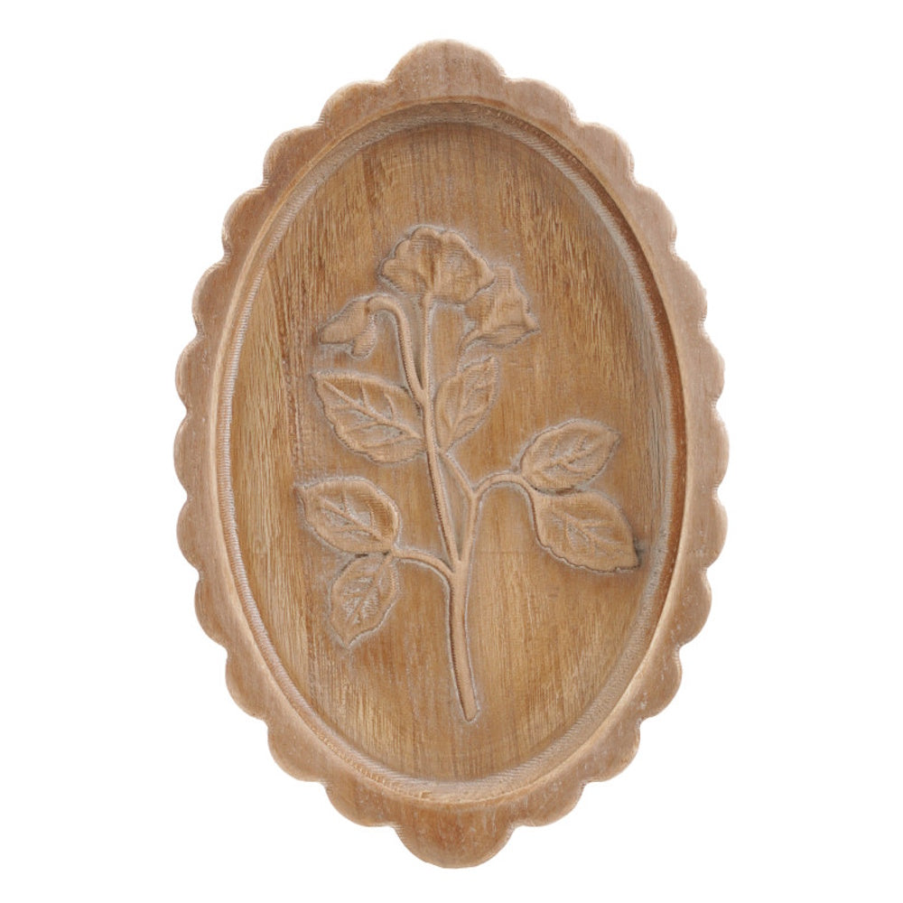 Natural wood scalloped oval wall decor featuring a carved floral branch design.