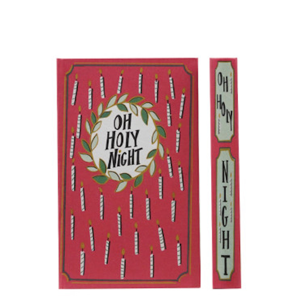 Red Christmas book storage box featuring candle patterns and "OH HOLY NIGHT" text.