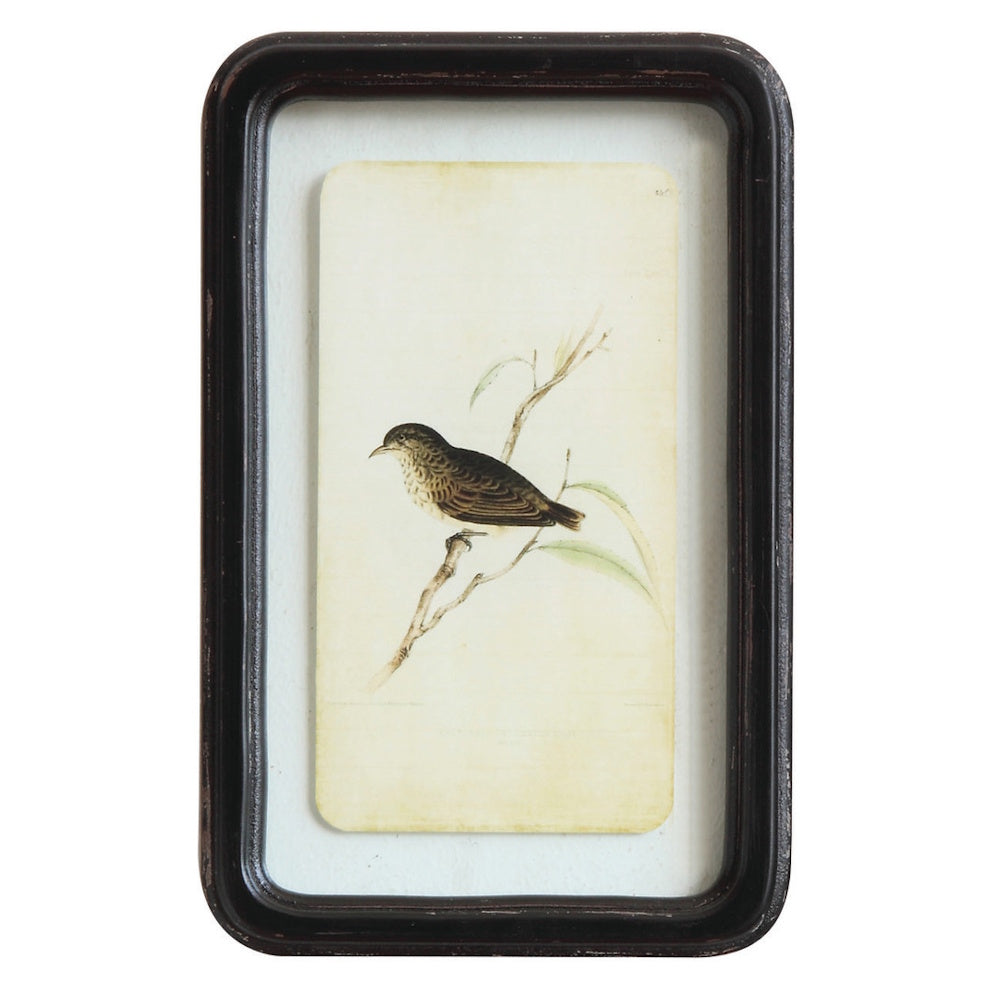Wood framed glass wall decor featuring floating art of a small dark bird perched on a branch.