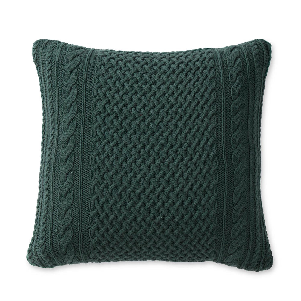 Forest green cable-knit throw pillow with a textured basketweave design.