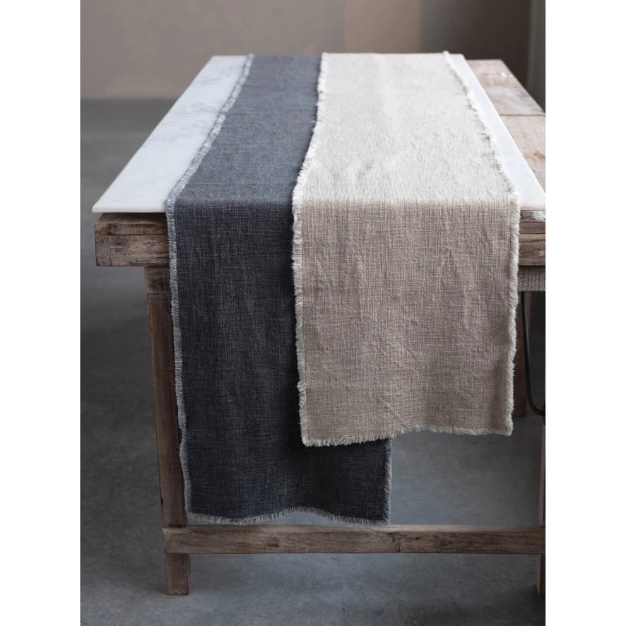 Linen Blend Table Runner with Frayed Edges, Grey Color — alternate view 3