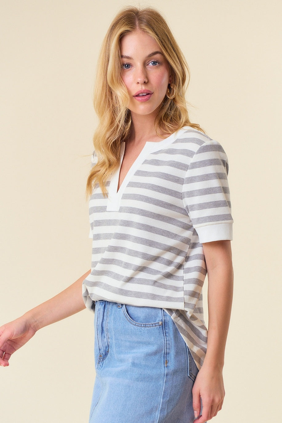 Striped V-Neck Knit Top