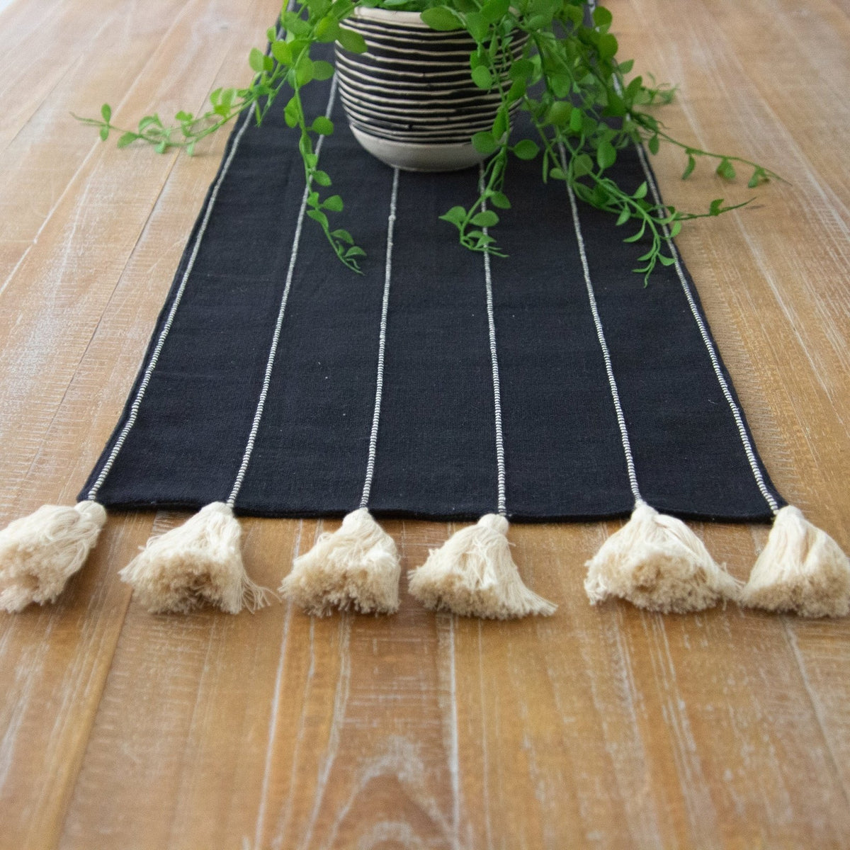 Black with White Kantha Stitch Table Runner — alternate view 2