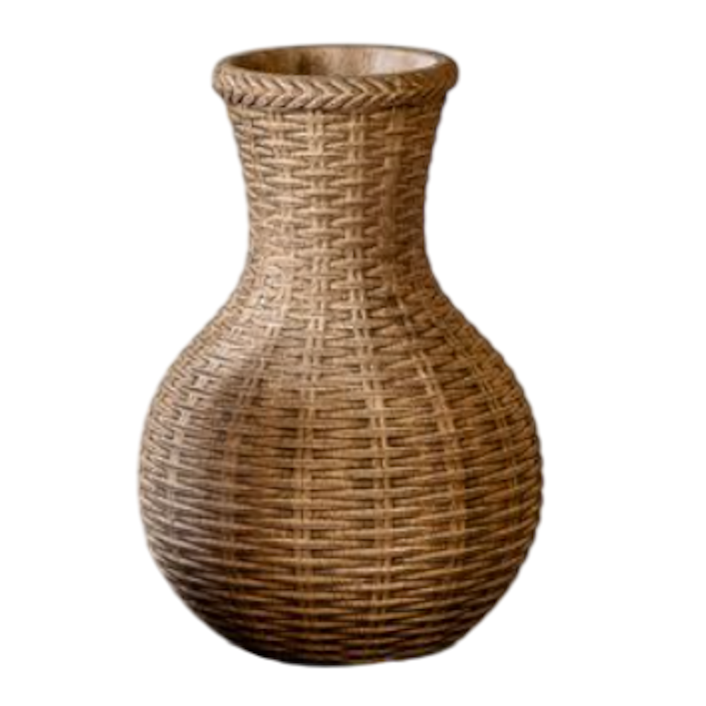 Tall beige woven textured stoneware vase isolated against a plain white background.