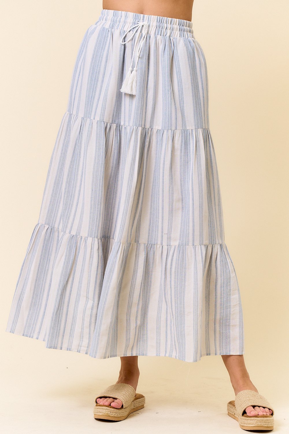 Cotton Striped Elastic Waist Tiered Maxi Skirt Medium — alternate view 3