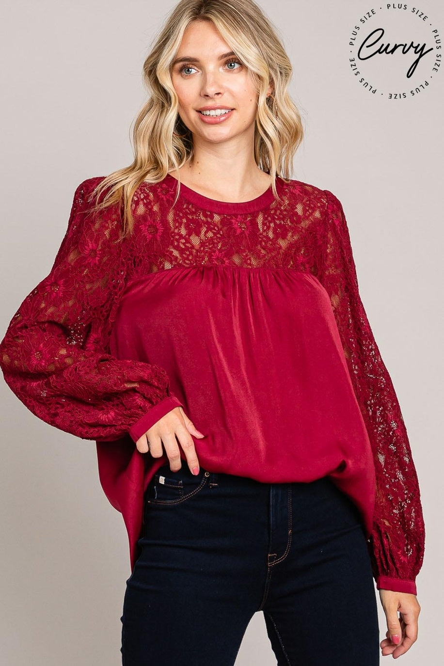 Soft Satin Blouse With Contrast Lace Neck