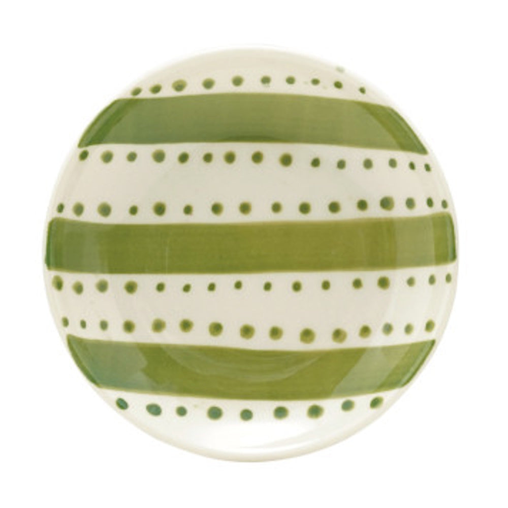 Small hand-painted ceramic dish featuring broad green stripes and rows of green dotted lines.