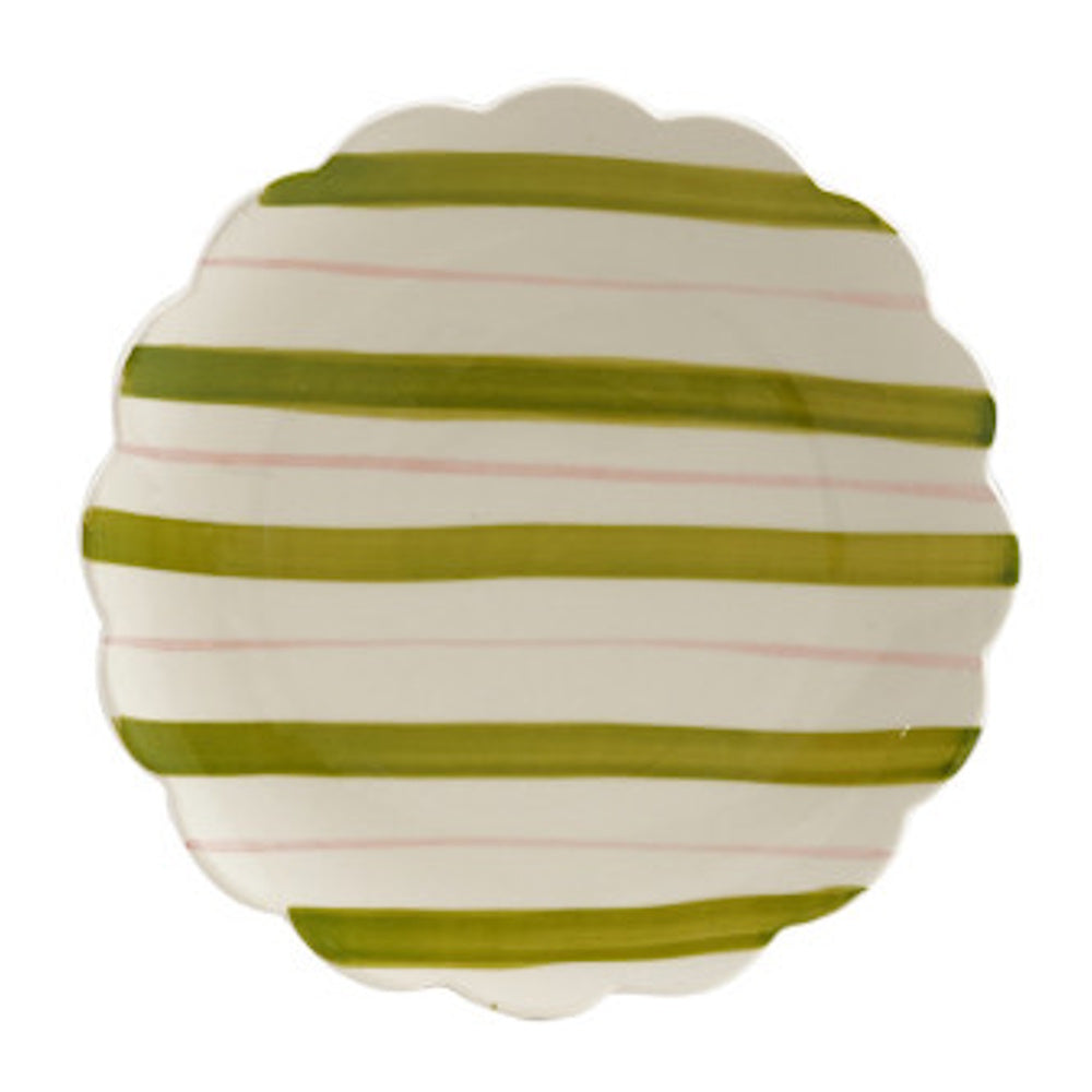 Hand-painted scalloped ceramic plate featuring alternating olive green and soft pink stripes.