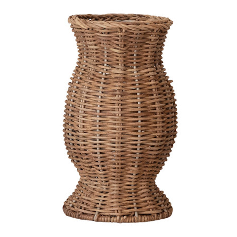 Hand-woven rattan vase in natural light brown featuring an hourglass silhouette.