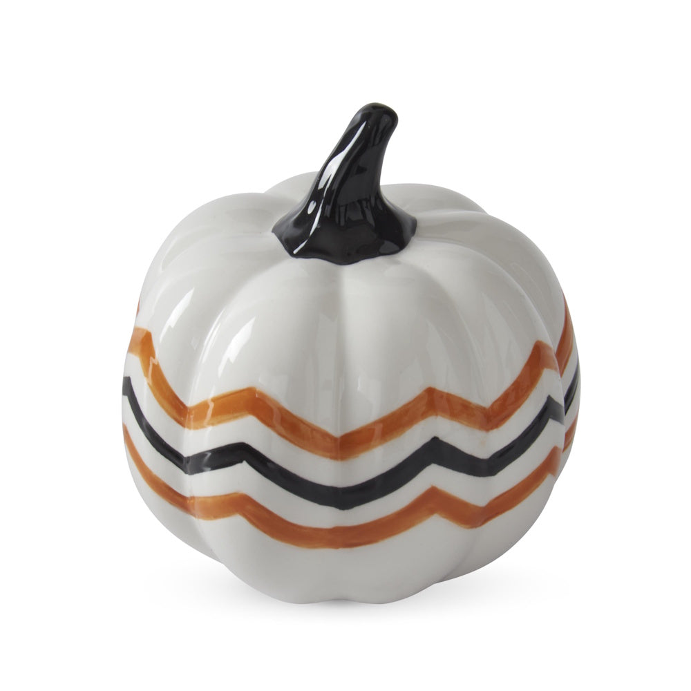 Glossy white ceramic pumpkin with orange and black chevron stripes and a black stem.