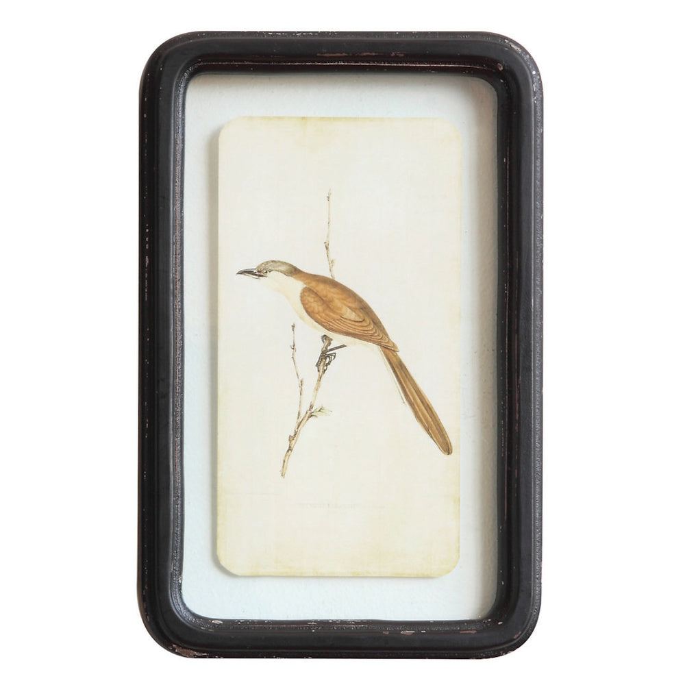 Wood framed glass wall decor with floating art of a brown bird perched on a branch.