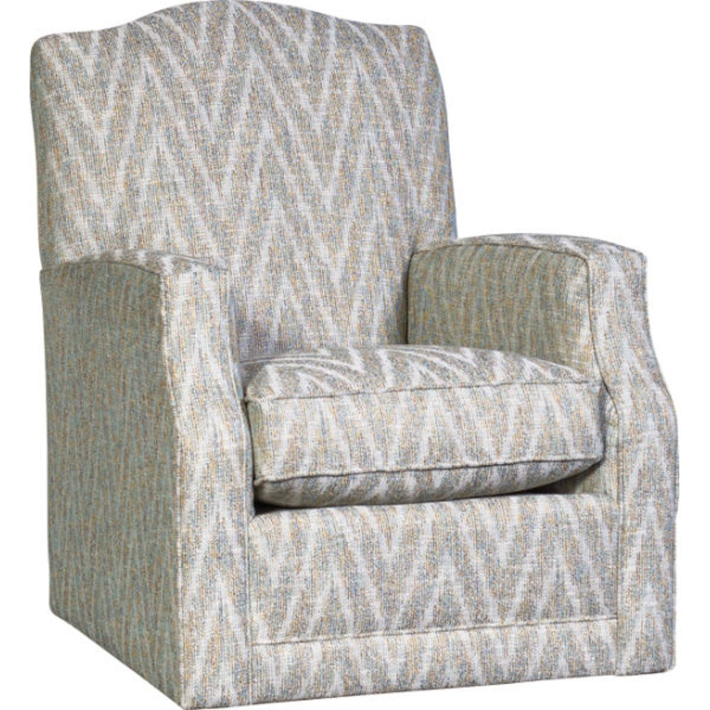 Patterned swivel glider armchair upholstered in an ivory and beige chevron woven fabric.