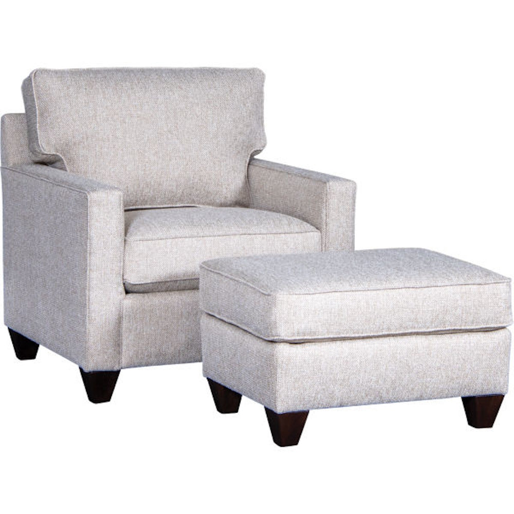 Light gray textured armchair and matching footstool ottoman with dark wooden legs.