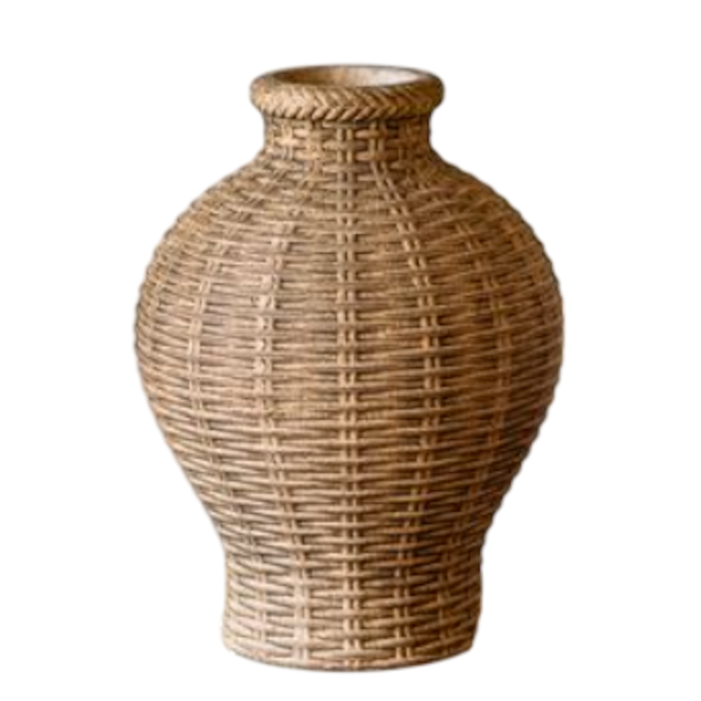 Short beige woven textured stoneware vase isolated against a white background.