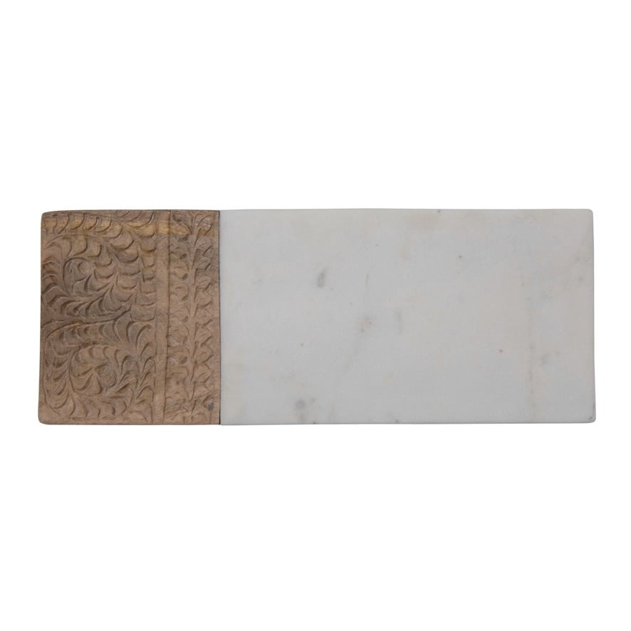 Hand-Carved Mango Wood & Marble Serving Board with Engraved Design, White & Natural — alternate view 2