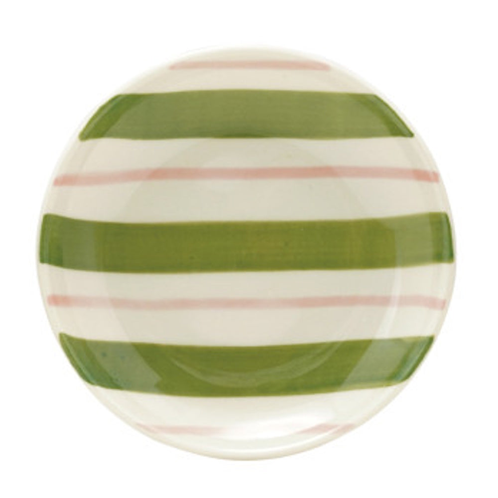 Small hand-painted ceramic dish with alternating thick green stripes and thin pink stripes.