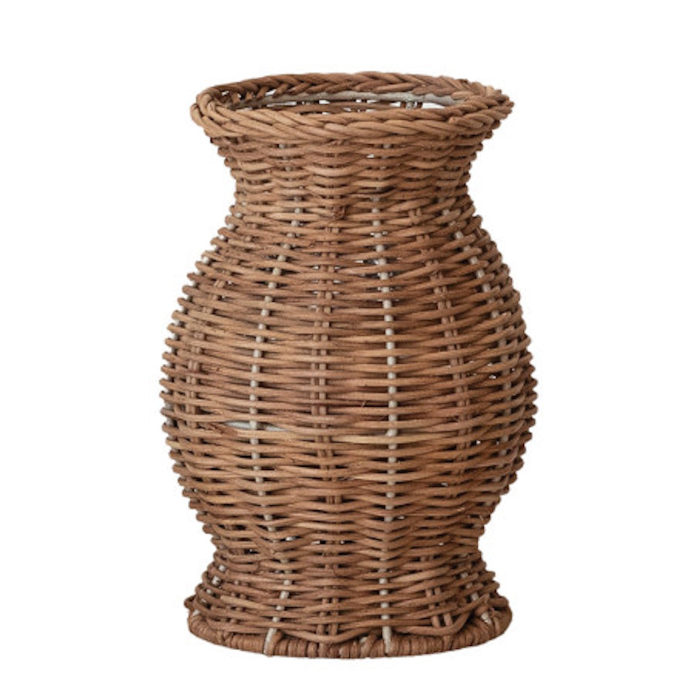 Hand-woven rattan vase in natural light brown with a flared rim, urn shape, and pedestal base.