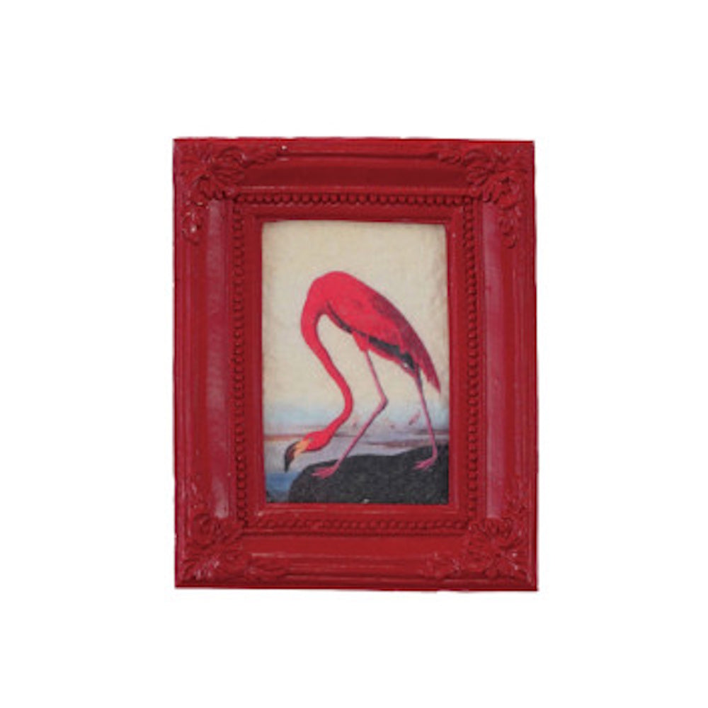 Rectangular red mini framed art magnet featuring a vintage pink flamingo illustration.