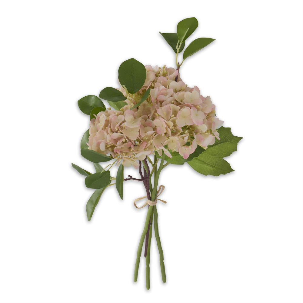 Bundle of four light pink real-touch hydrangea stems with green leaves tied in a rustic twine bow on a white background.