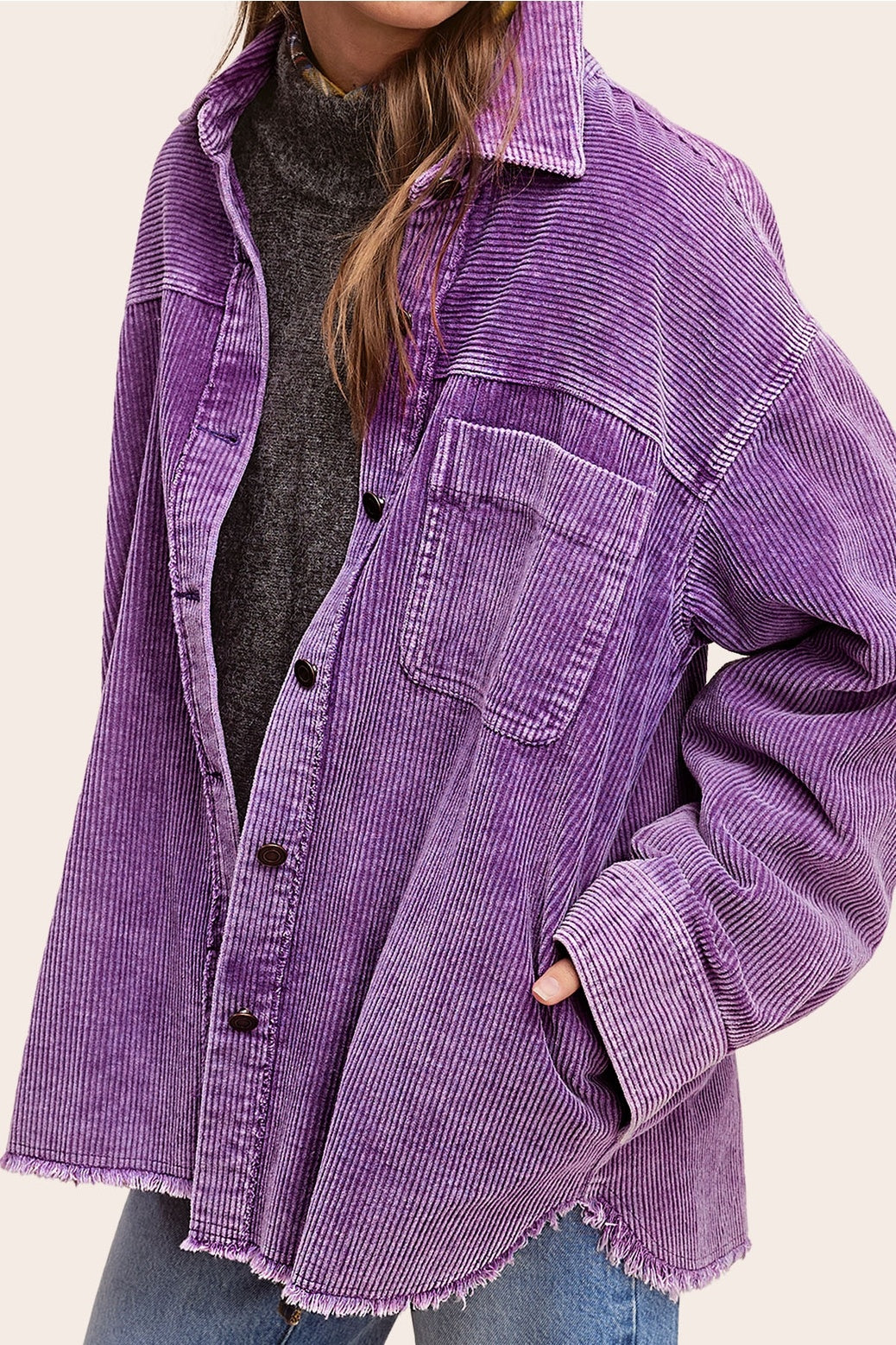 Oversized Washed Fabric Corduroy Button Down Jacket — alternate view 6