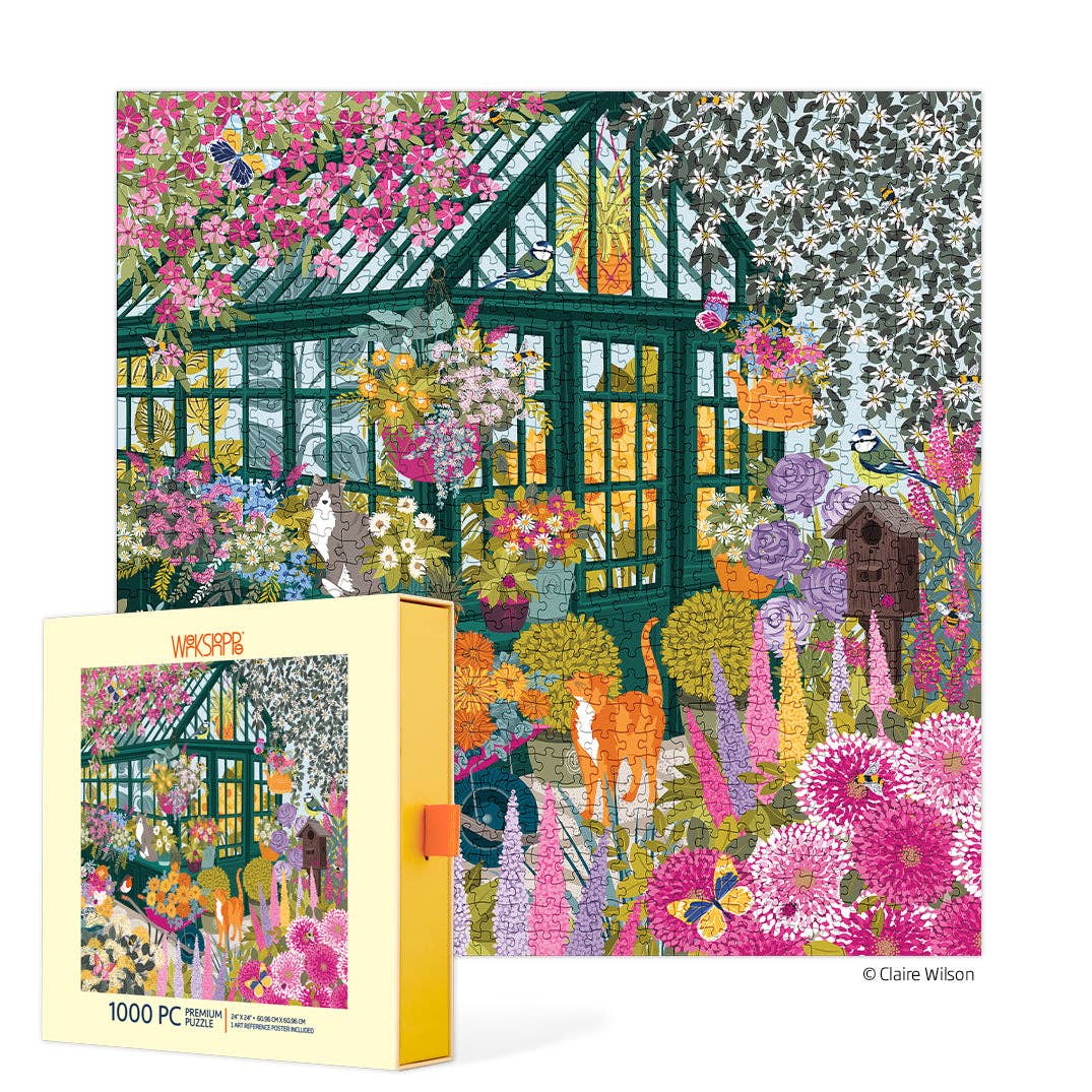 Jigsaw puzzle box with a colorful illustration of a greenhouse and garden, featuring flowers and animals.