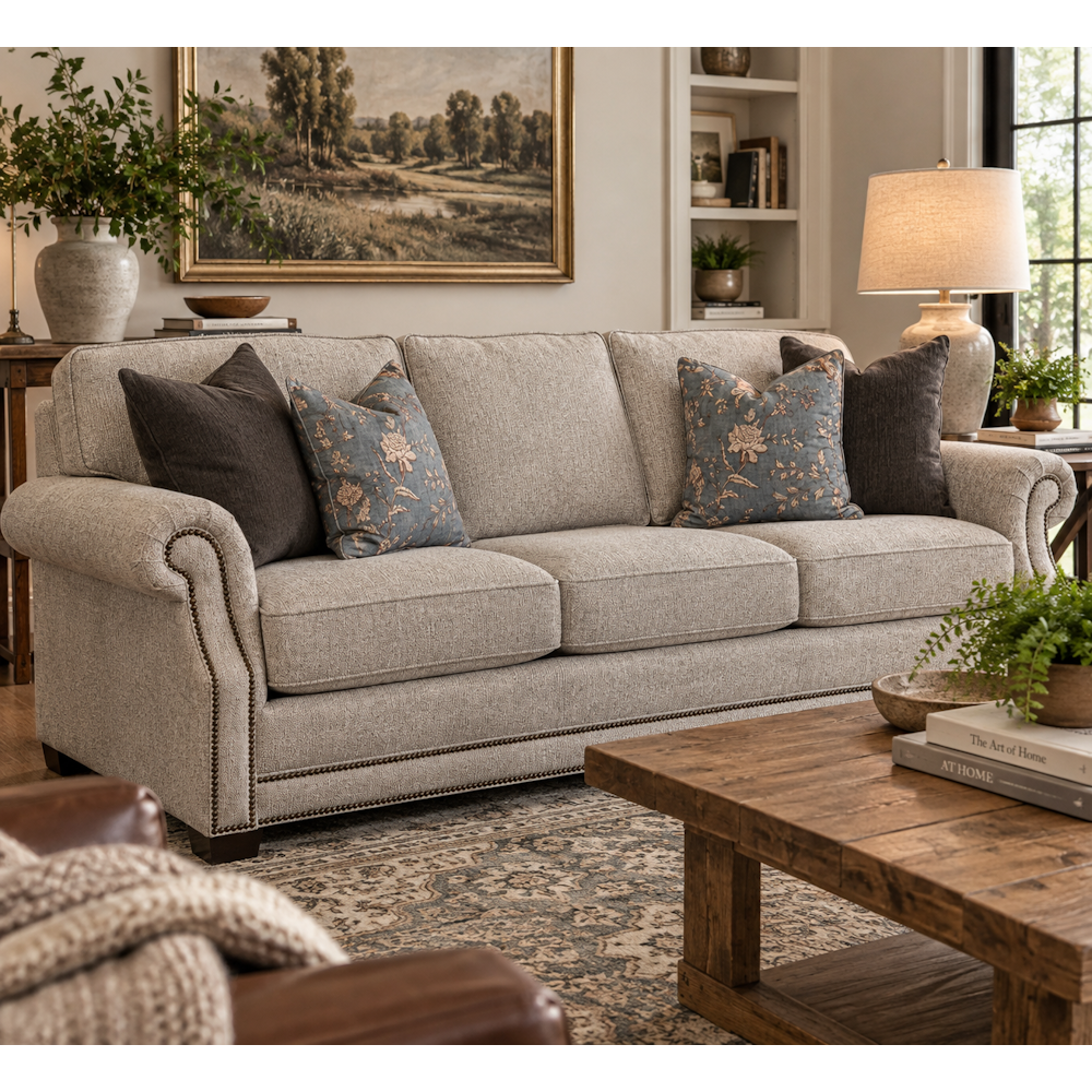 Living room with grey tweed sofa, rolled arms, nailhead trim, floral pillows, wooden coffee table, and lamp.