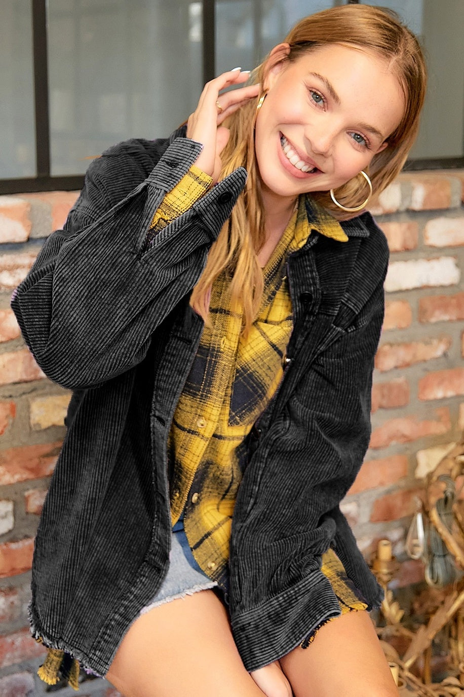 Oversized Washed Fabric Corduroy Button Down Jacket — alternate view 3