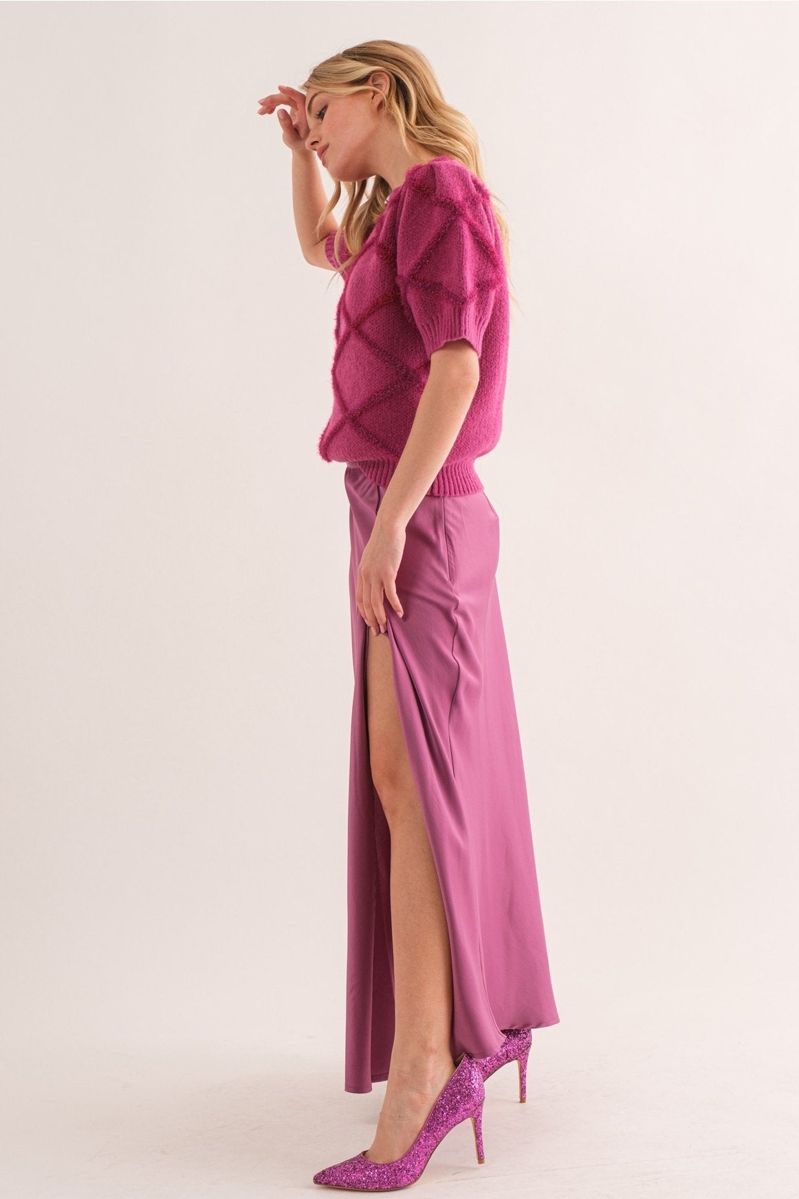 Texture Detail Knit Short Sleeve Top Magenta — alternate view 2