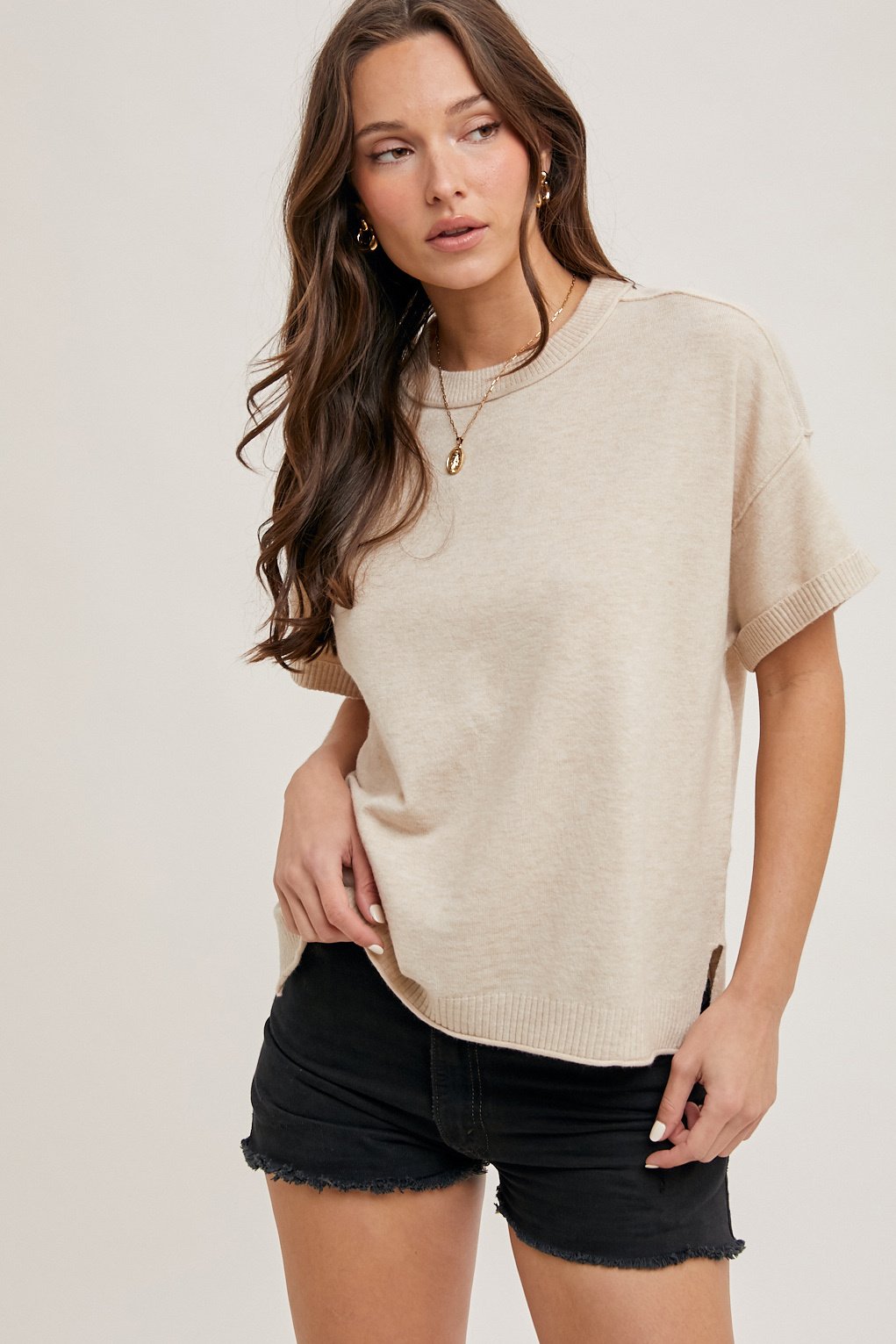 Crew Neck Knit T-Shirt Oatmeal