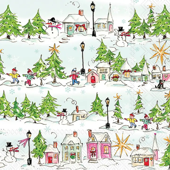 Pink Holiday Village Christmas Paper Lunch Napkins